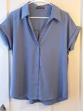 Dusty Blue Short Sleeve Button-Front Blouse